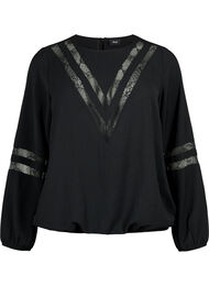 Bluse med lange ermer og blonder, Black