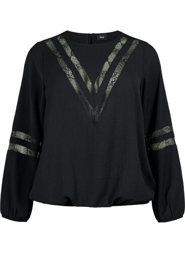 Bluse med lange ermer og blonder, Black, Packshot image number 0