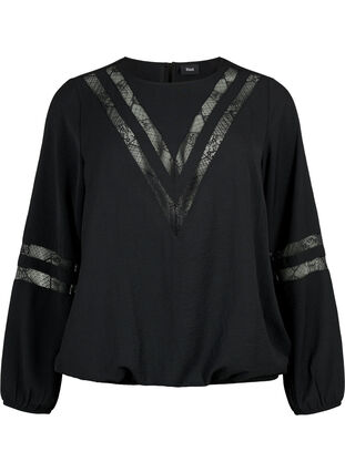 Bluse med lange ermer og blonder, Black, Packshot image number 0