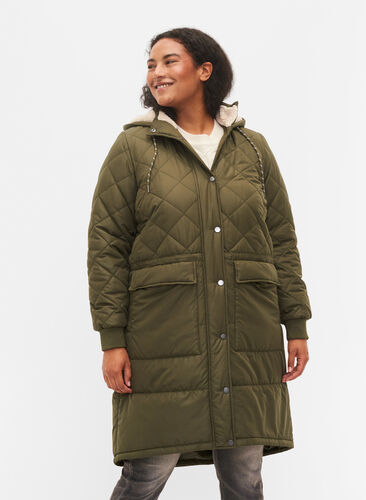 Quiltet jakke med hette og justerbar midje, Forest Night, Model image number 0