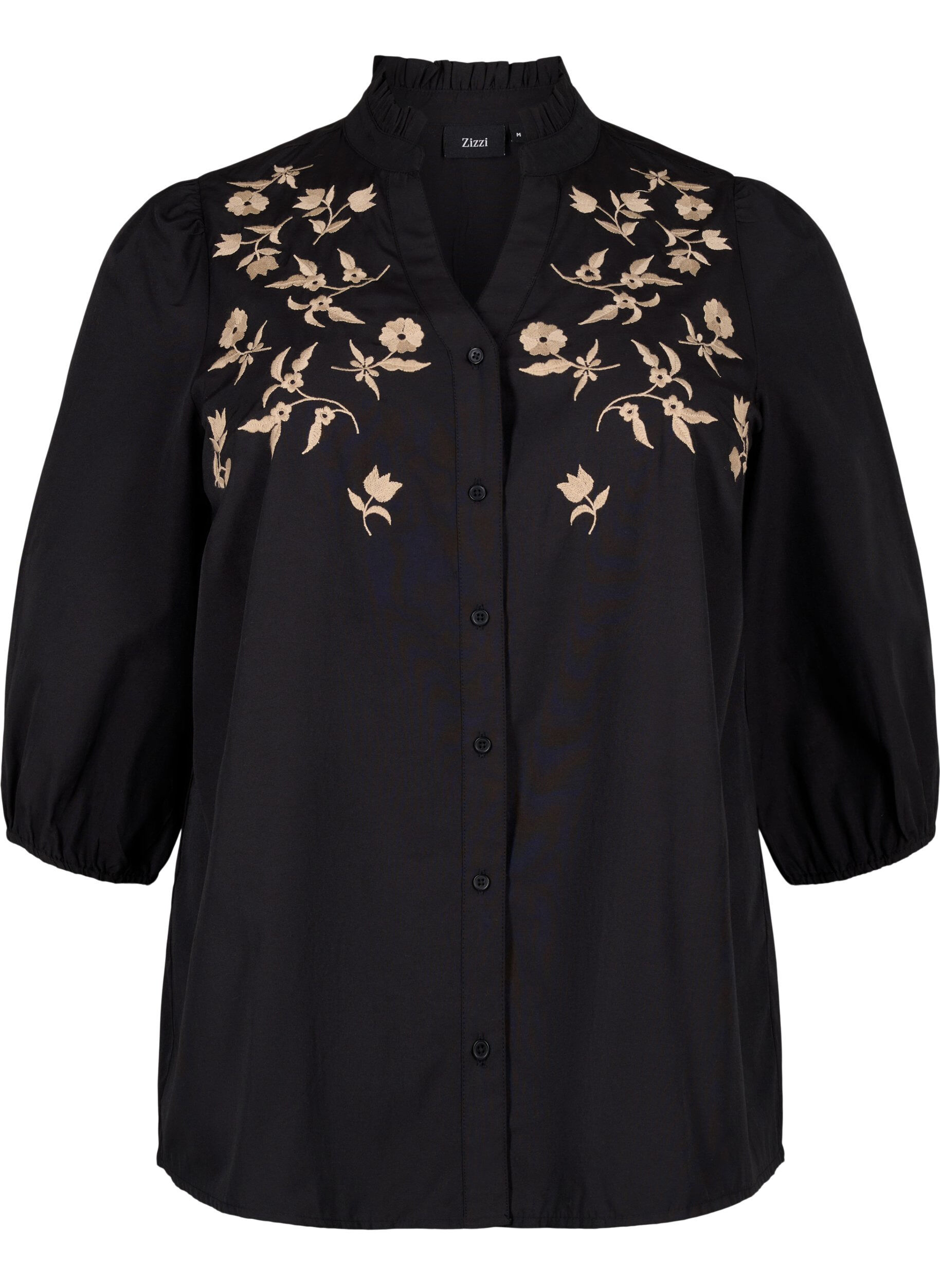 Zizzi Skjortebluse med broderte blomster og 3/4-ermer, Black W. Beige Emb. , Packshot image number 0