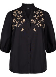 Skjortebluse med broderte blomster og 3/4-ermer, Black W. Beige Emb. 