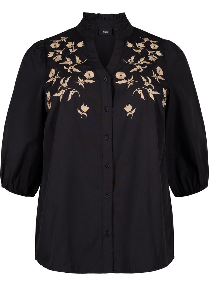 Skjortebluse med broderte blomster og 3/4-ermer, Black W. Beige Emb. , Packshot image number 0