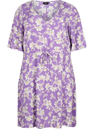 Kjole med 1/2 ermer og blomstermønster av viskose, Purple Flower AOP, Packshot image number 0
