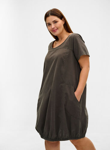 Kortermet kjole i bomull, Khaki Green, Model image number 0
