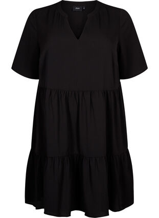 Kortermet kjole med A-lineskåret snitt og snittlinjer, Black, Packshot image number 0