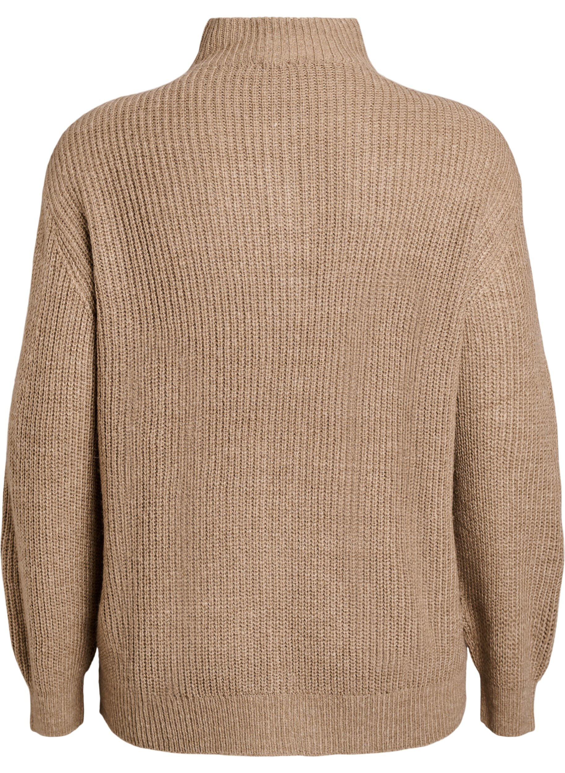 ZizziStrikket genser med h&oslash;y hals og glidel&aring;s, Brun, Packshot image number 1