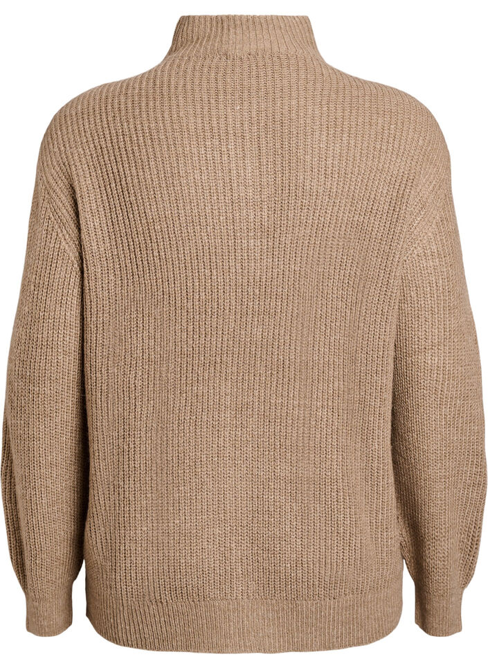 Strikket genser med h&oslash;y hals og glidel&aring;s, Brun, Packshot image number 1