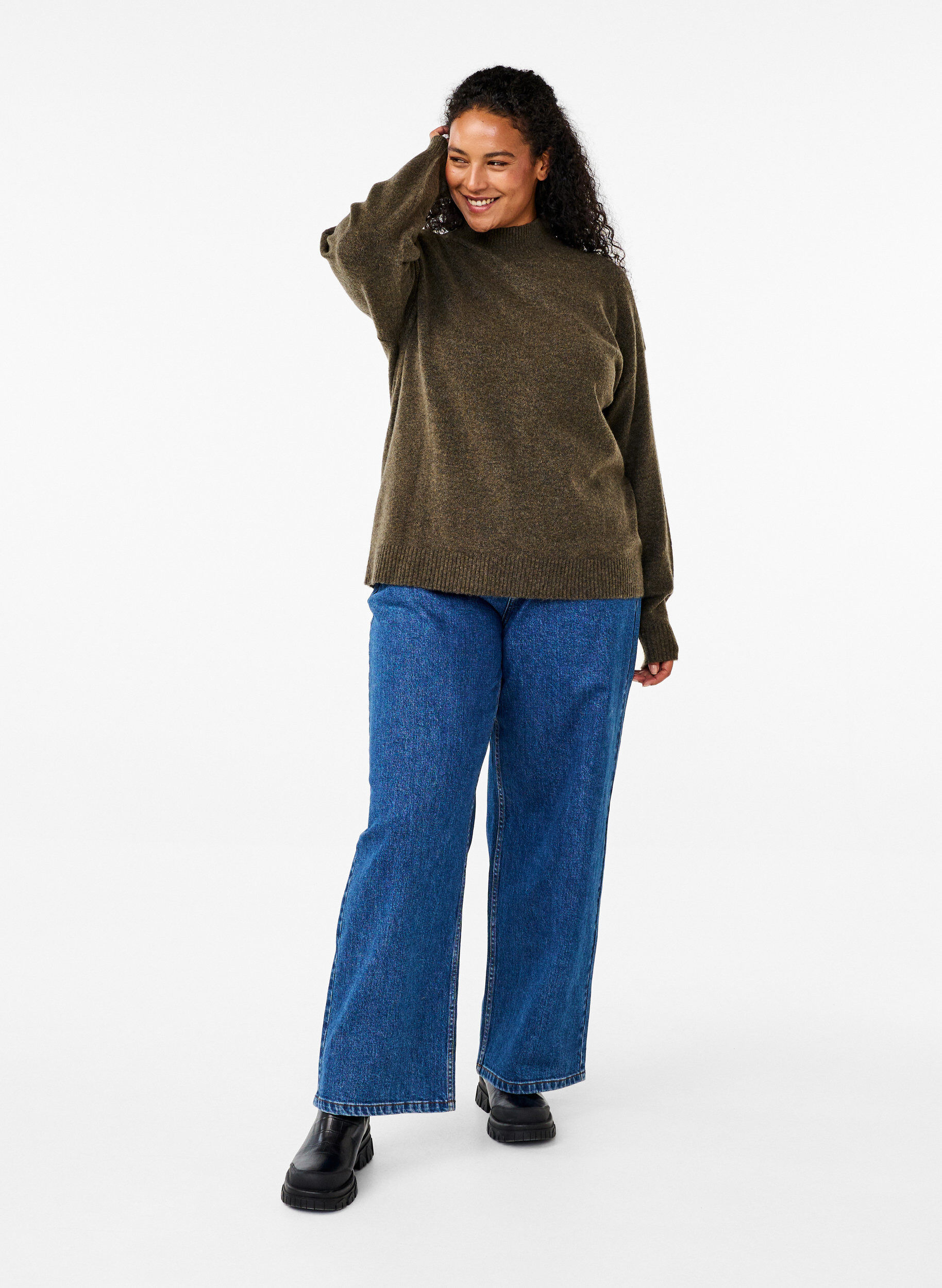 Zizzi Strikket ullbluse med h&oslash;y hals, Sea Turtle Mel., Model image number 2