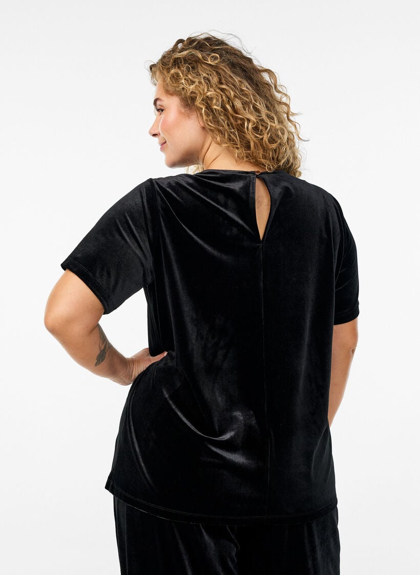 Kortermet velour topp, Svart, Model image number 2