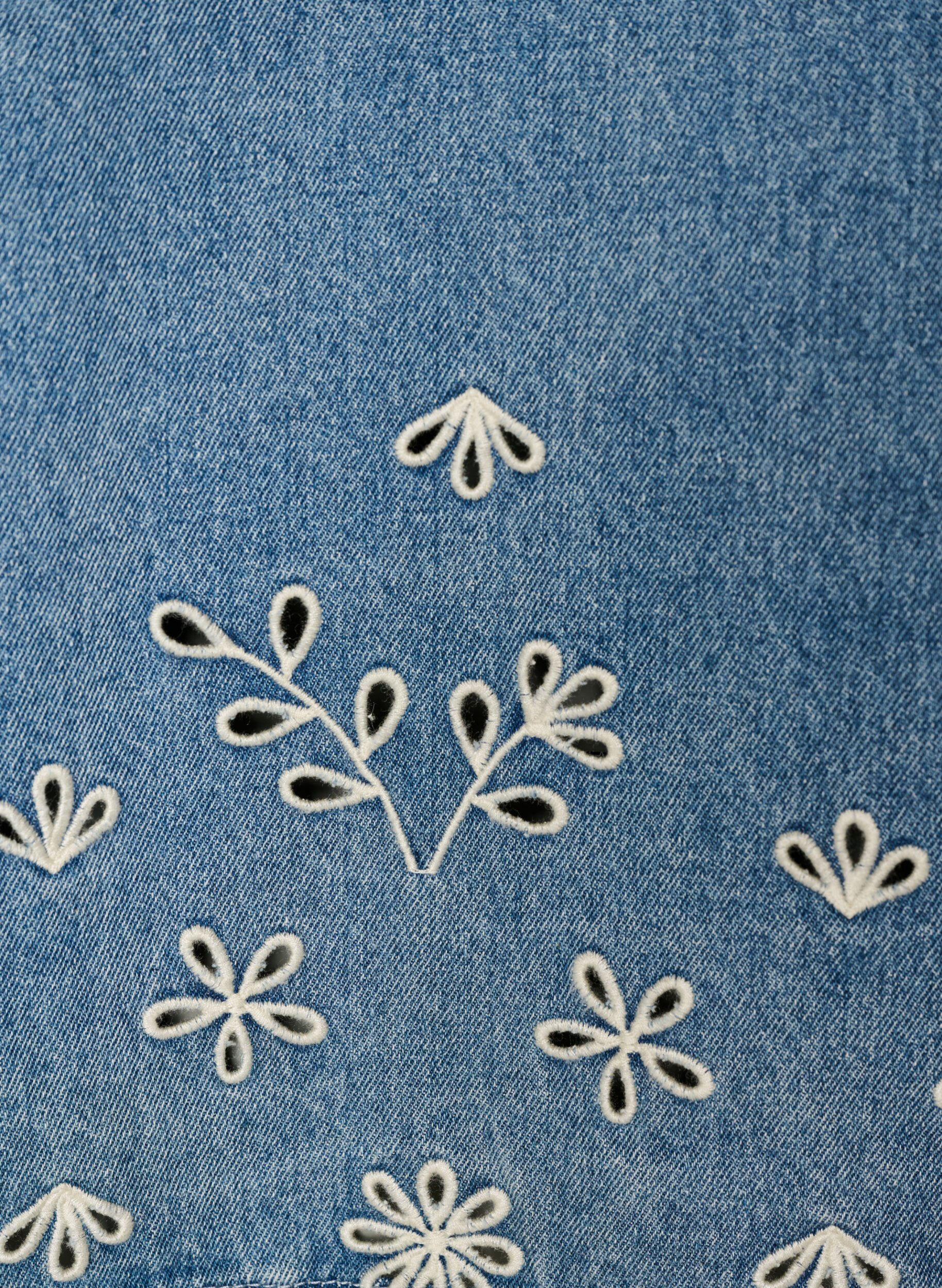 Zizzi Kortermet denimbluse med broderie anglaise, Bl&aring;, Packshot image number 3