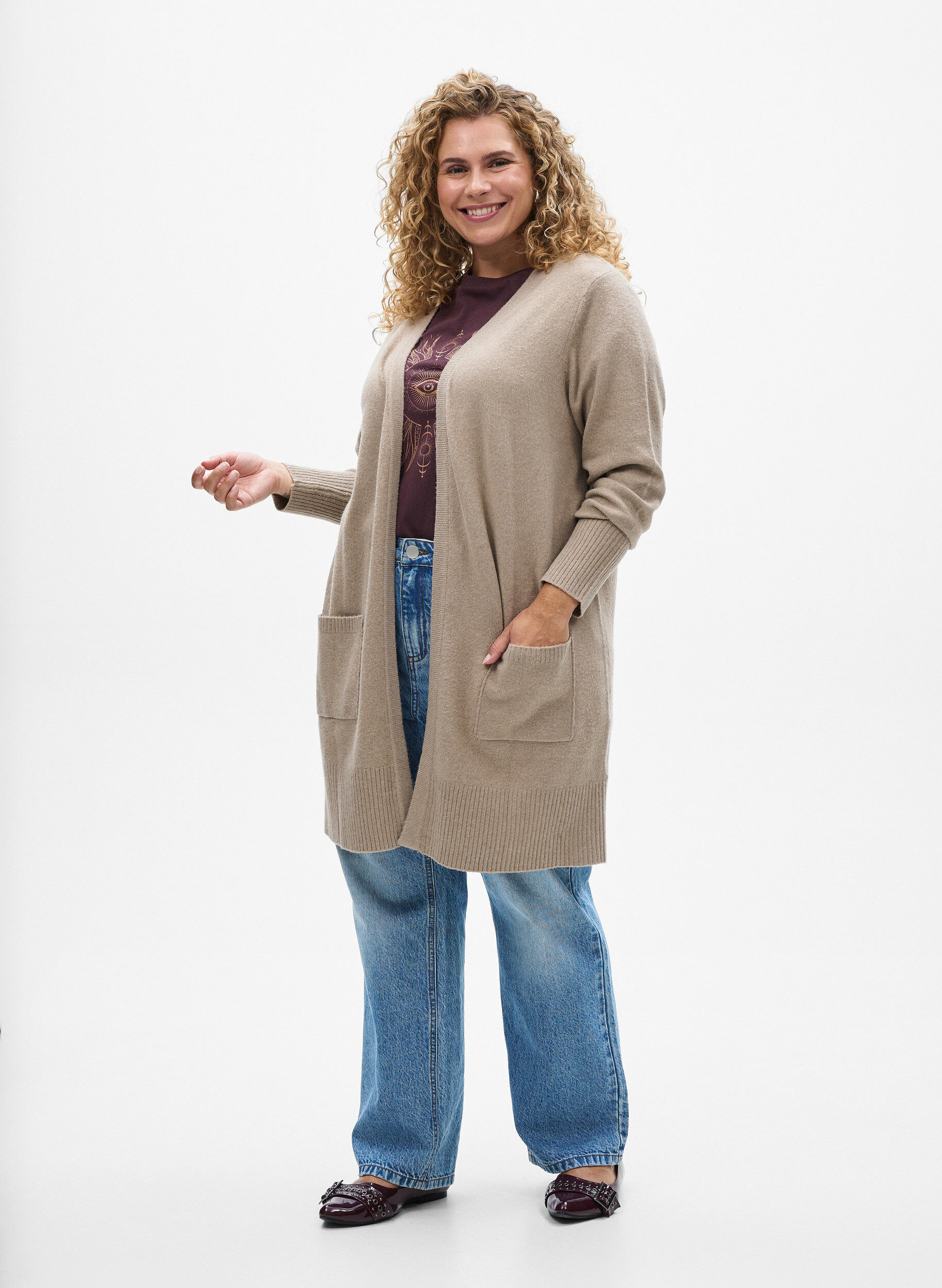 ZizziRibbestrikket cardigan med lommer, Beige, Model image number 1