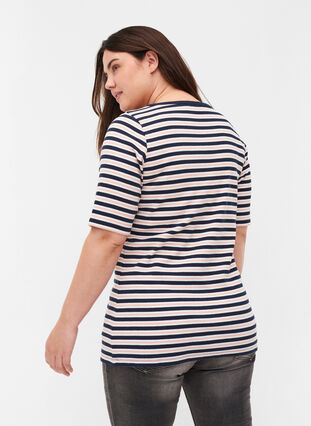 Stripete T-skjorte i bomull med ribbet struktur, Blue Rose Stripe, Model image number 1