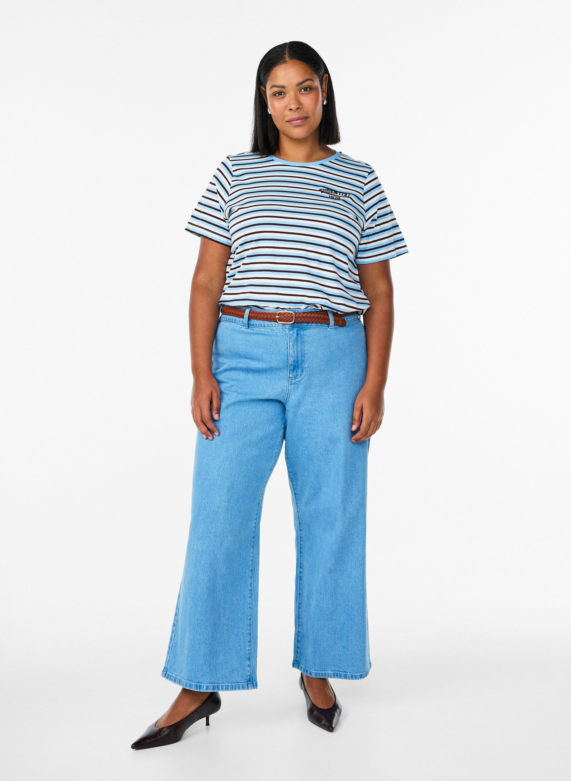 Zizzi Bomulls T-skjorte med striper, Bl&aring;, Model image number 1