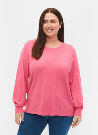 Ensfarget strikkegenser med ribbedetaljer, Hot Pink Mel., Model