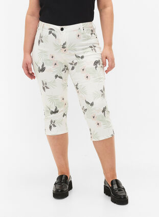 Caprijeans med blomstermønster og høyt liv, White Flower AOP, Model image number 2