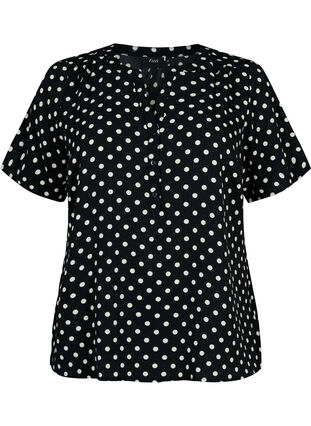 Bluse med korte ermer og V-hals, Black w. Dots, Packshot image number 0