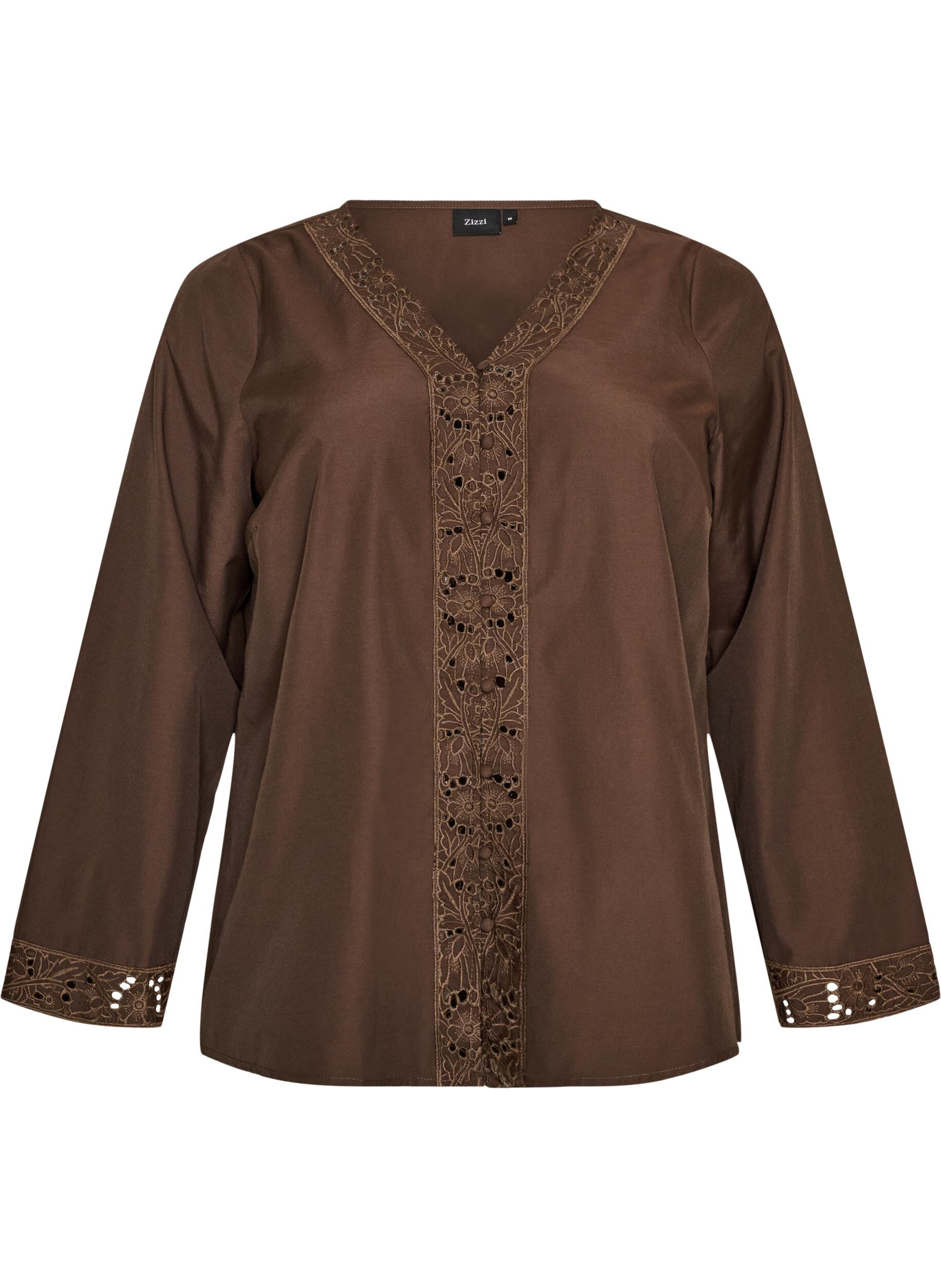 ZizziSkjortebluse med broderie anglaise, Brun, Packshot image number 0