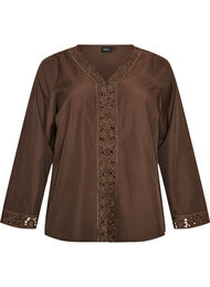 Skjortebluse med broderie anglaise, Brun