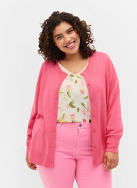 Ribbet cardigan med knappelukking, Hot Pink, Model