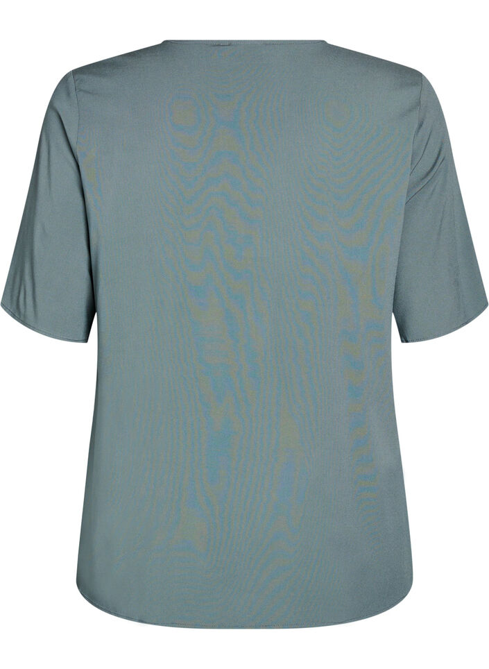 Vevet bluse med korte ermer og rund hals, Gr&oslash;nn, Packshot image number 1