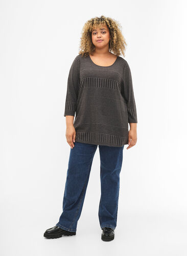 Bluse med 3/4-ermer og stripemønster, Dark Grey Melange, Model image number 2