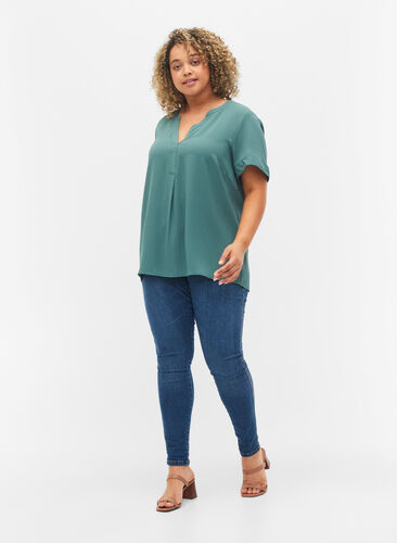 Kortermet bluse med V-hals, Mallard Green, Model image number 2