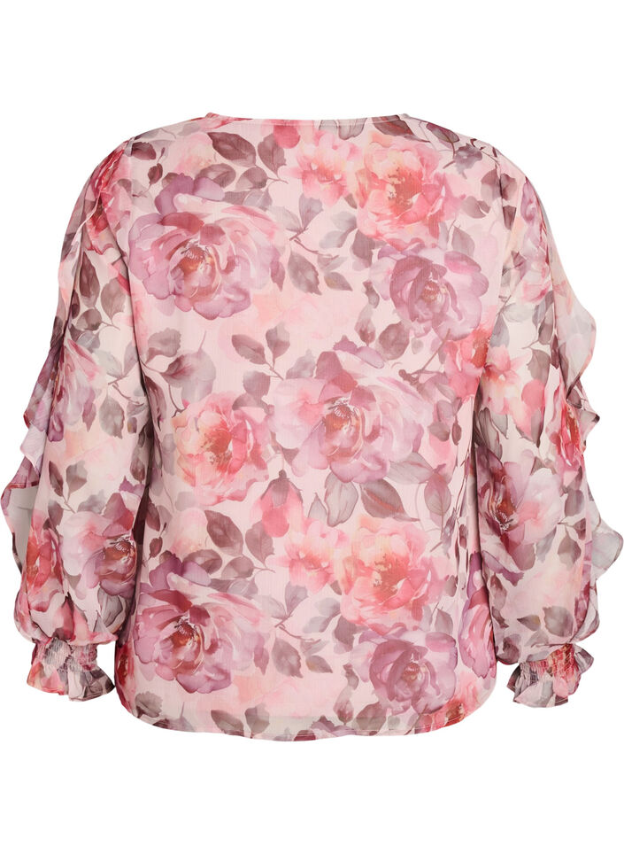 Bluse med blomstertrykk, V-hals og rysjede ermer, Rosa, Packshot image number 1