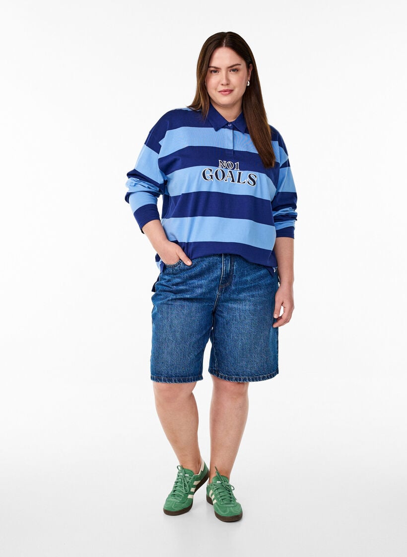 Stripete poloskjorte med brodert tekst, Blå, Model image number 1