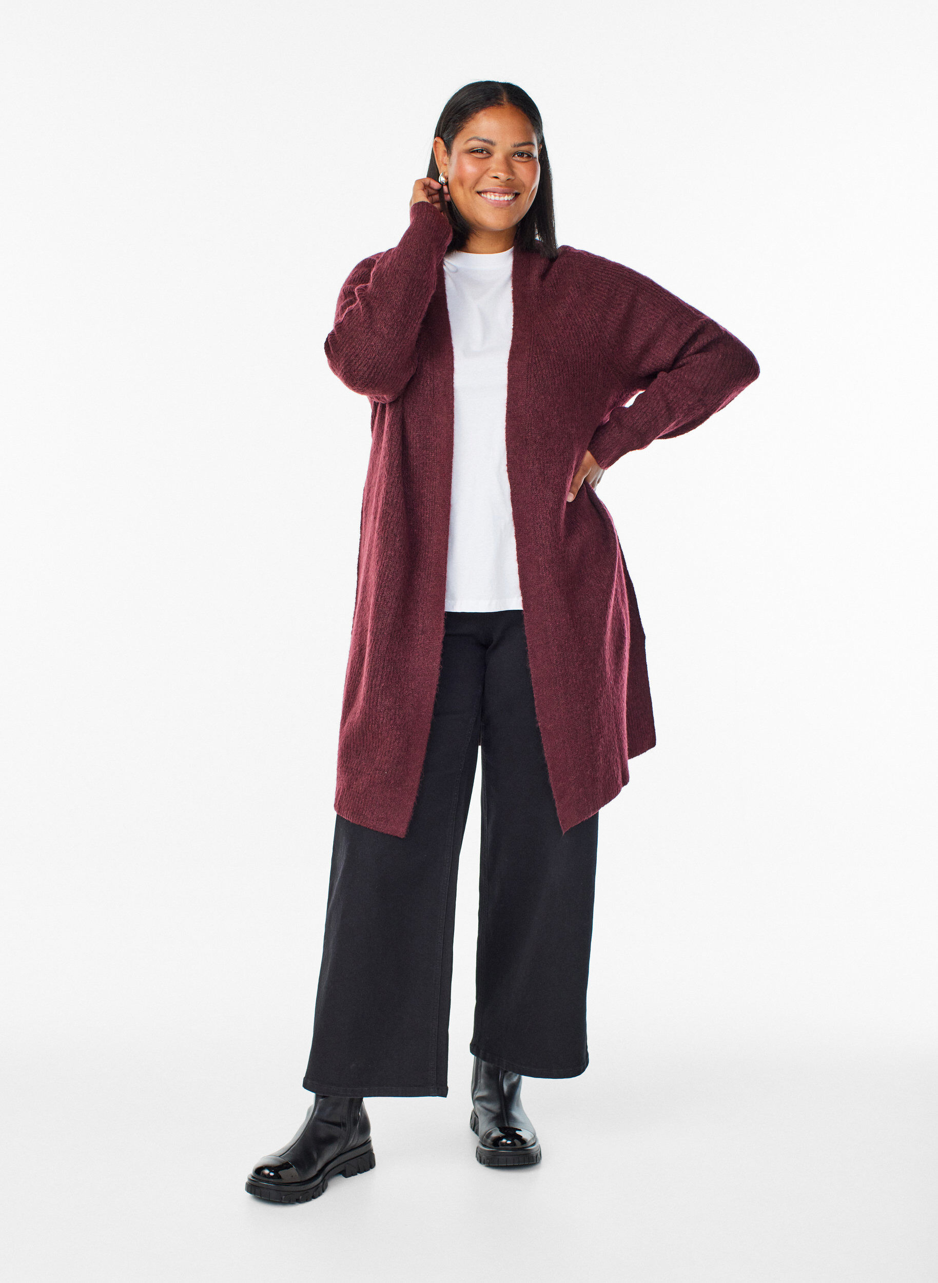 Zizzi FLASH - Lang ribbestrikket cardigan med &aring;pen front, R&oslash;d, Model image number 1