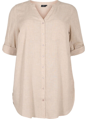 Lang skjorte med 3/4-ermer og V-hals, Simply Taupe, Packshot image number 0