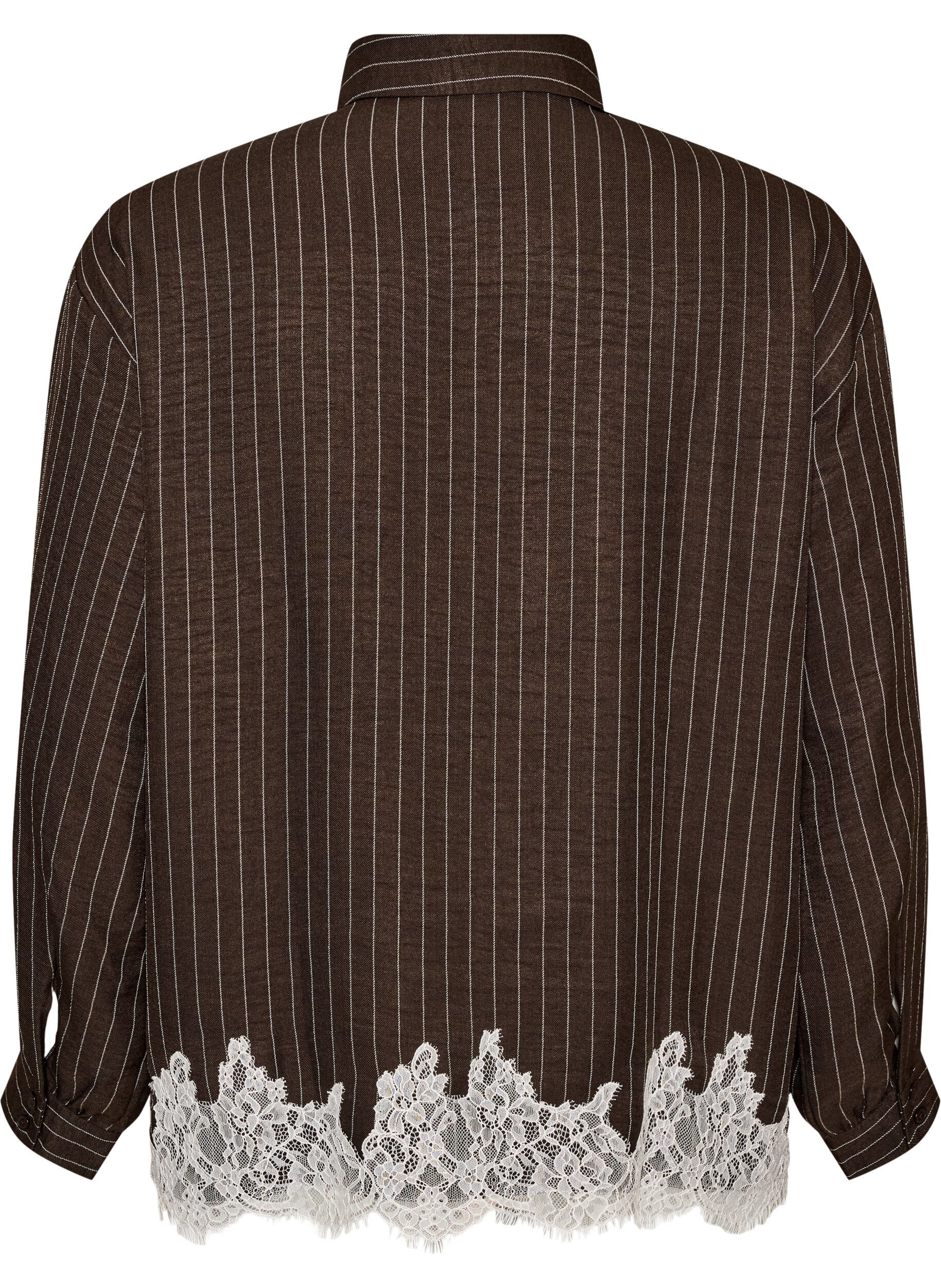 ZizziN&aring;lstripet skjorte med blondedetaljer, Brun, Packshot image number 1