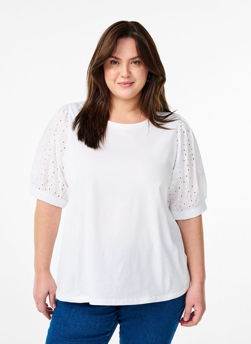 T-skjorte med Broderie Anglaise-ermer, Hvit, Model image number 0