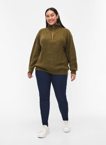 FLASH - strikket genser med høy hals og glidelås, Dark Olive Mel., Model image number 2