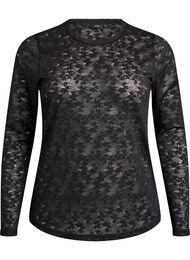 Bluse med blonder, rund hals og slim fit, Svart