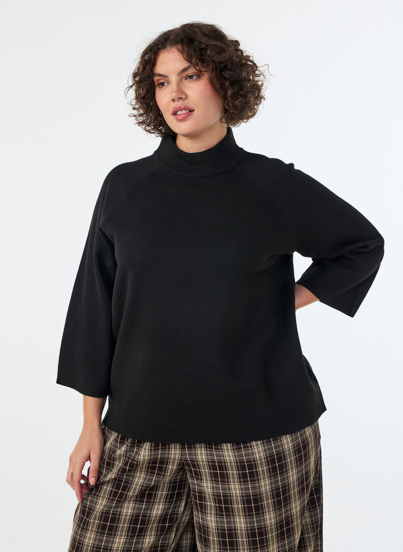 Strikkebluse i viskoseblanding med rullehals, Svart, Model image number 0