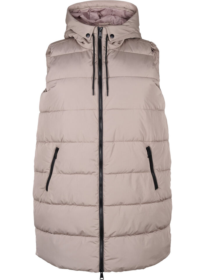 Lang vest med hette og lommer, Beige, Packshot image number 0
