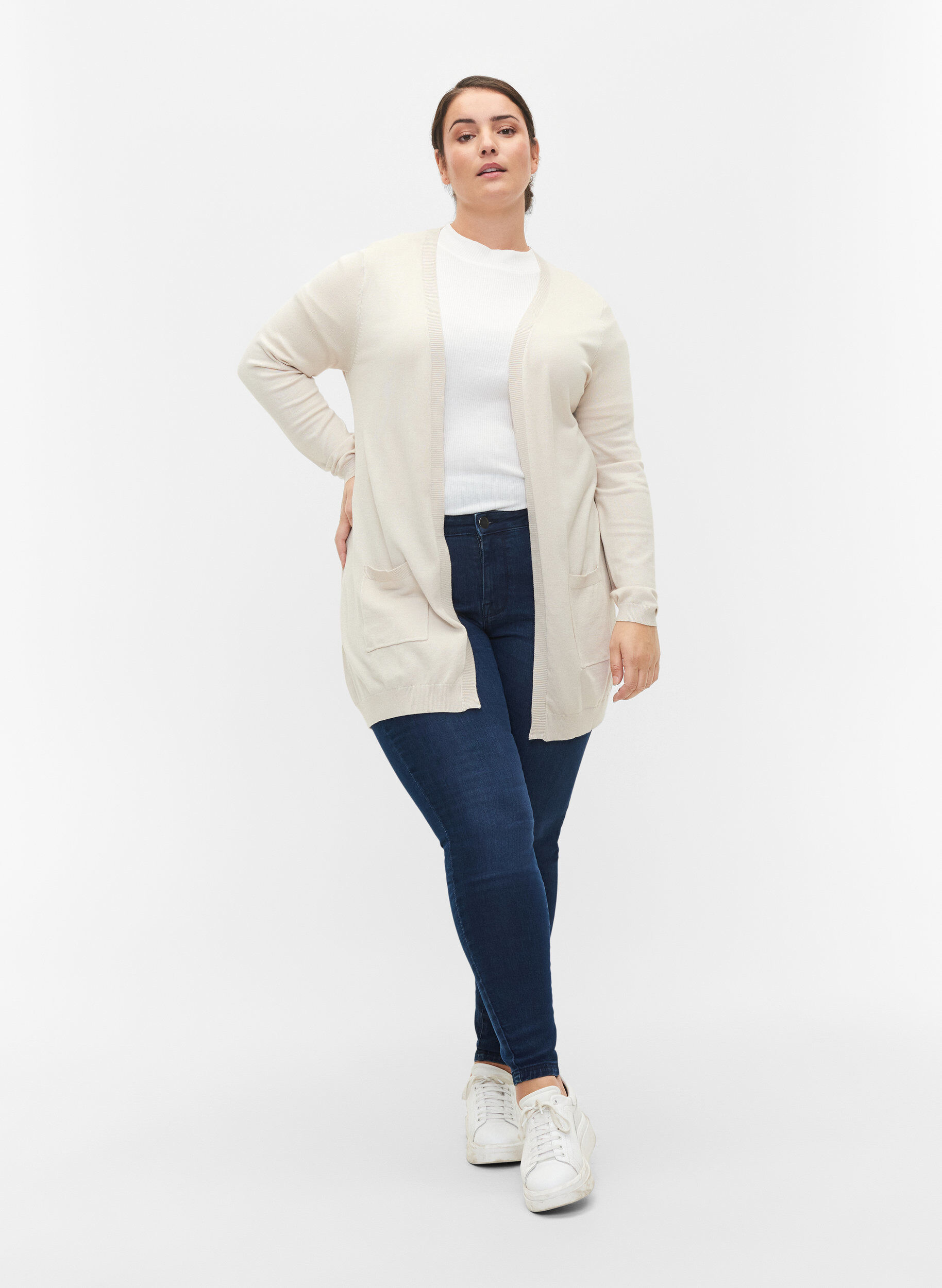 ZizziLang strikkecardigan i viskoseblanding, Beige, Model image number 1
