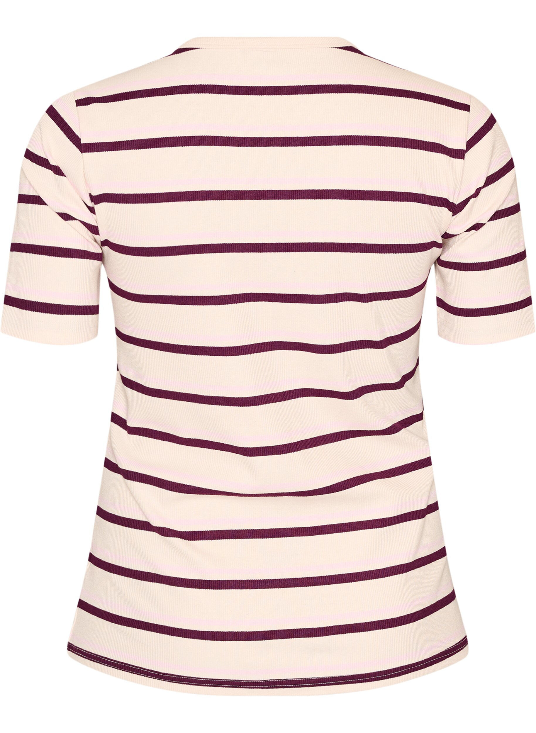 ZizziRibbet T-skjorte med striper og knappedetalj, Lilla, Packshot image number 1