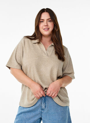 Zizzi Jerseybluse med krage og korte ermer, Brun, Model image number 0