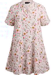 Kort kjole av bomullsmuslin med blomster, Hvit