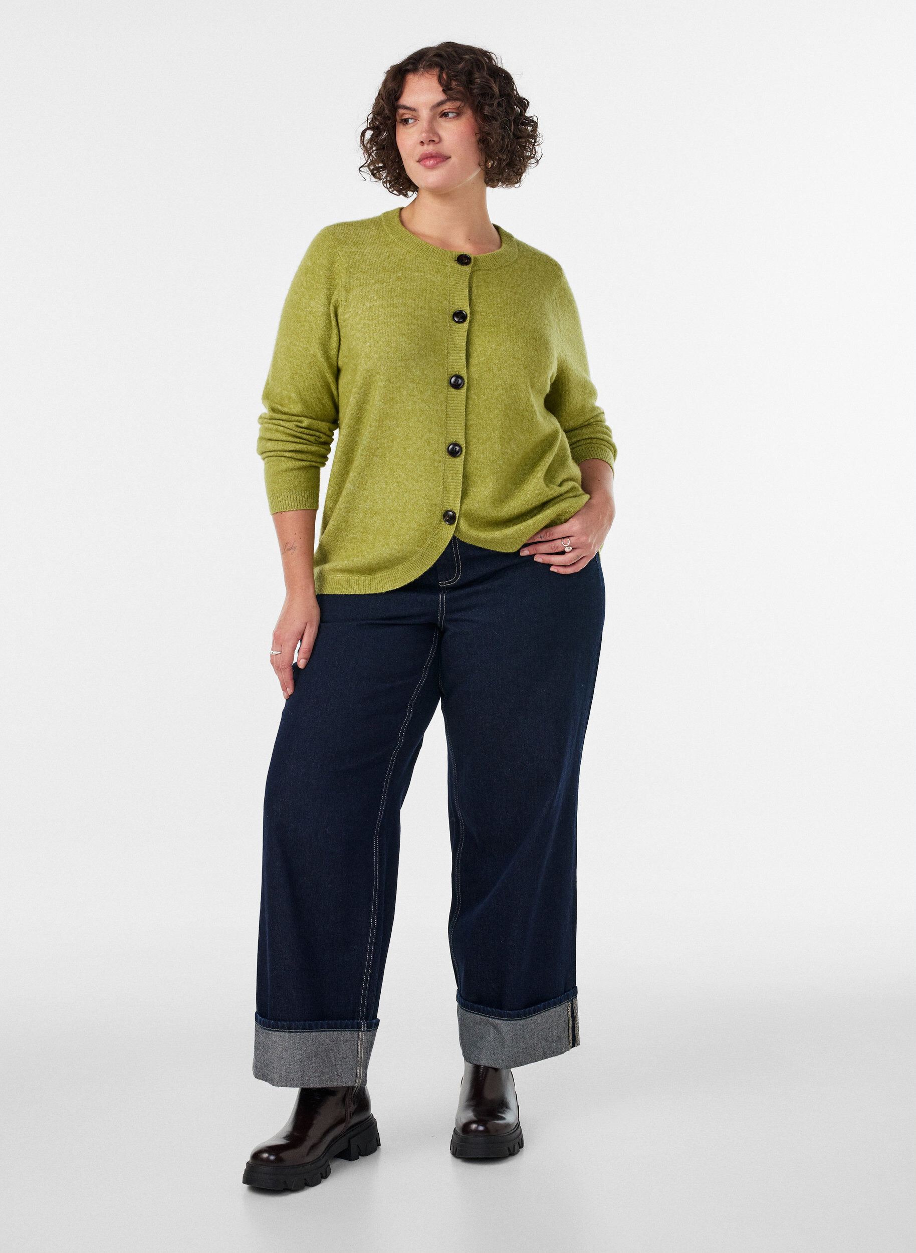 ZizziCardigan med knapper og avrundet front, Gr&oslash;nn, Model image number 1