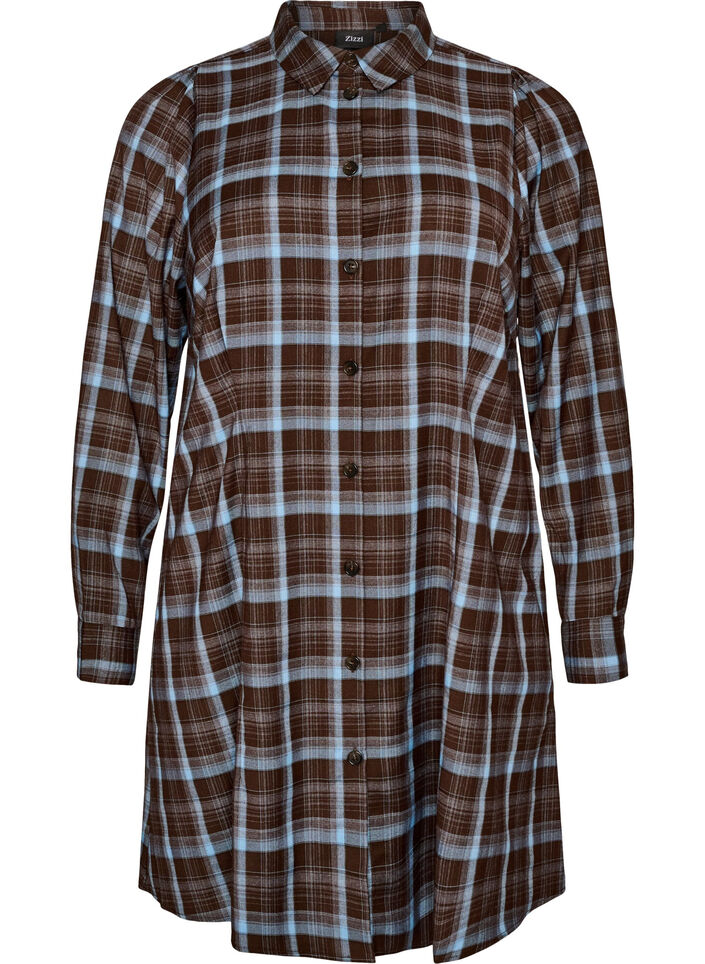 Knlang skjortekjole med rutem&oslash;nster, Brun, Packshot image number 0