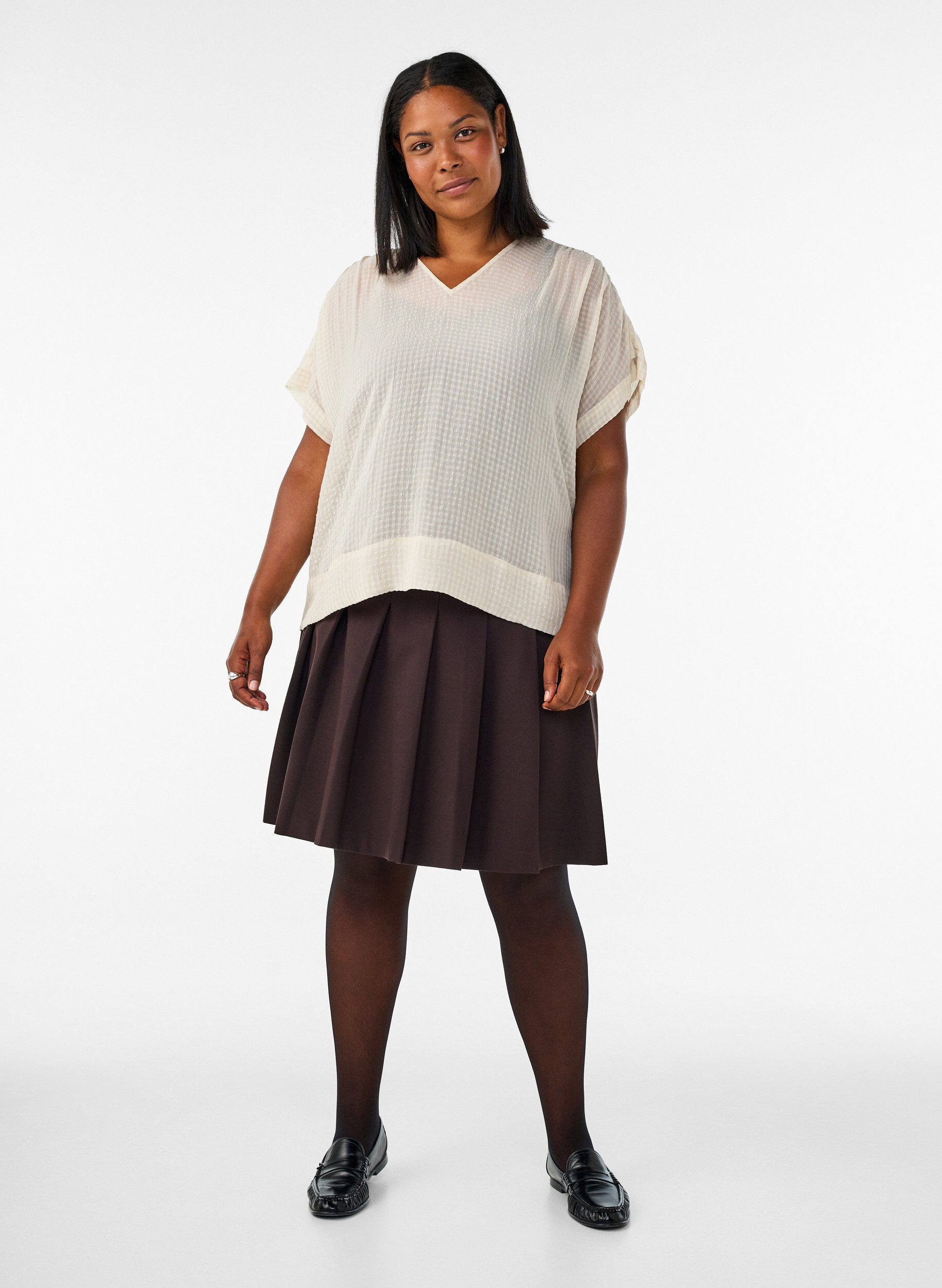ZizziSeersucker bluse med V-hals, Beige, Model image number 1