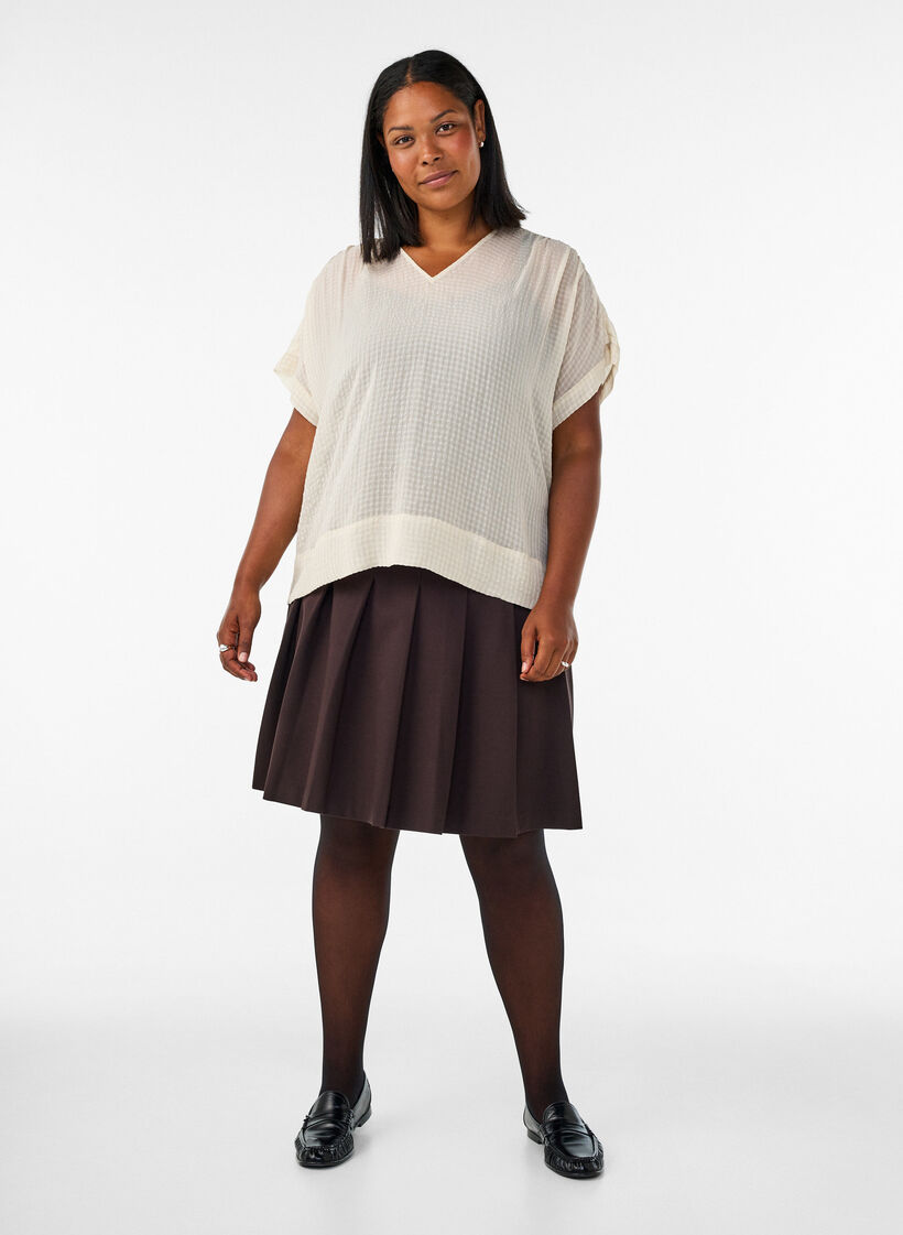 Seersucker bluse med V-hals, Beige, Model image number 1