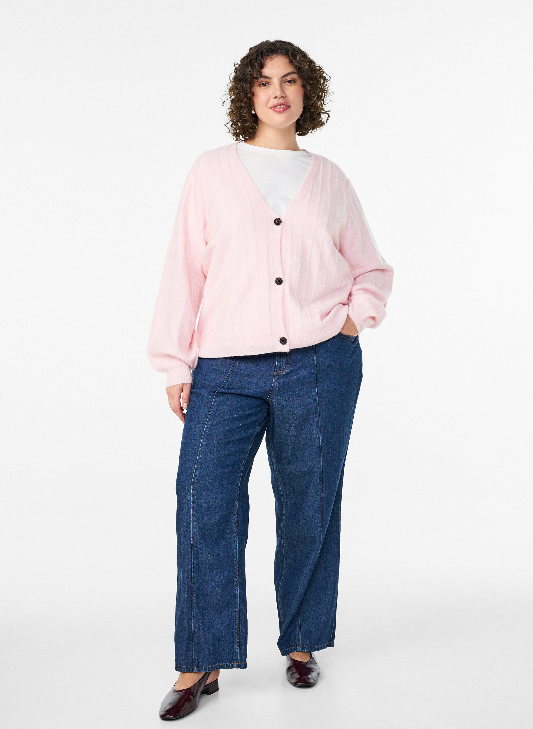 Zizzi Cardigan med ribbet tekstur og ballongermer, Rosa, Model image number 1
