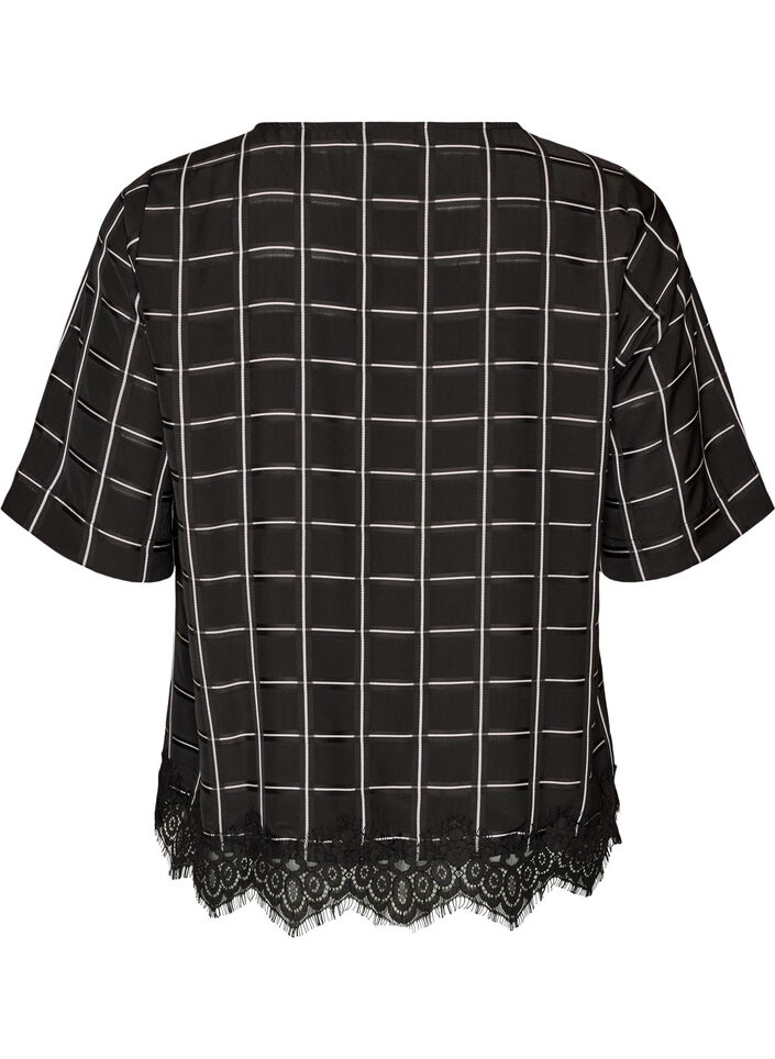 Rutet bluse med blondekant og albuelange ermer, Svart, Packshot image number 1