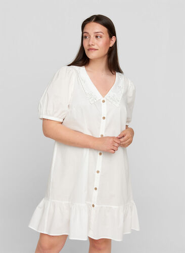 Skjortekjole i bomull med ballongermer, Bright White, Model image number 0