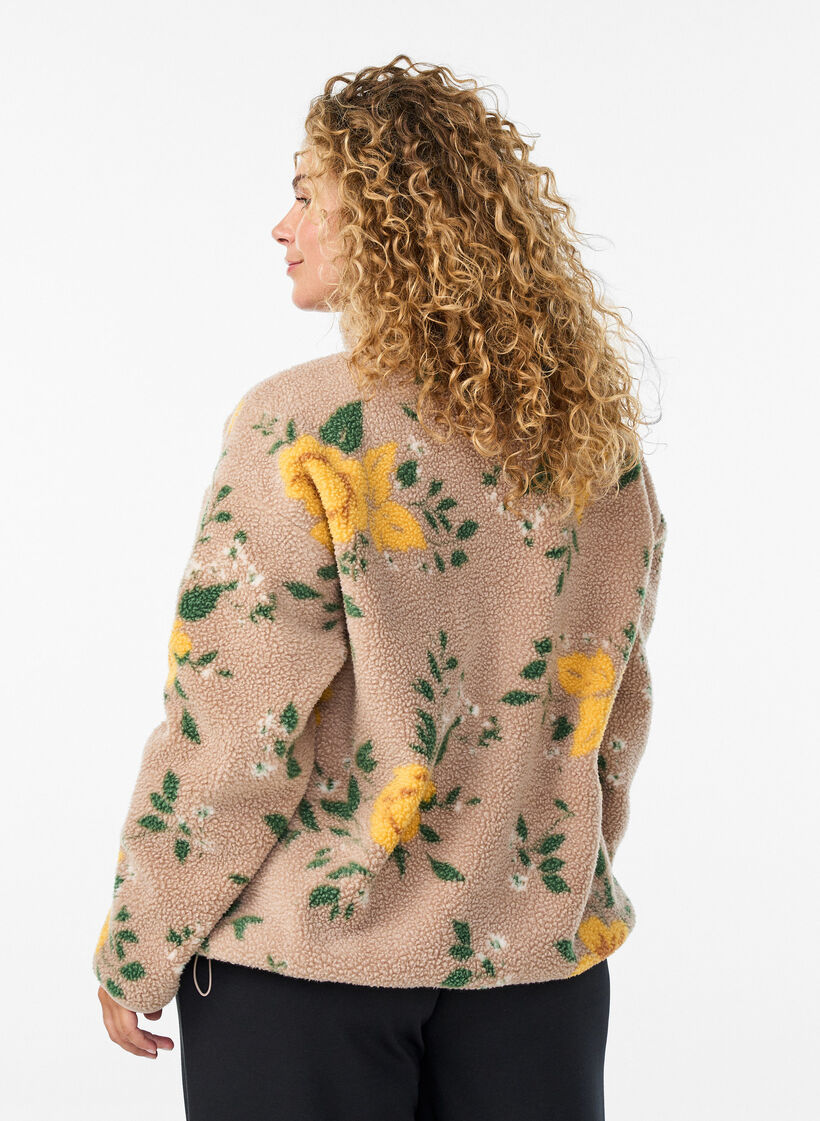 Blomstret fleecejakke med h&oslash;y hals og glidel&aring;s, Beige, Model image number 2