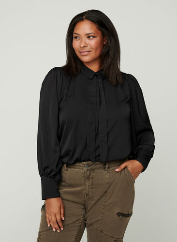 Skjorte med lette puffermer og knytedetalj, Black, Model image number 0